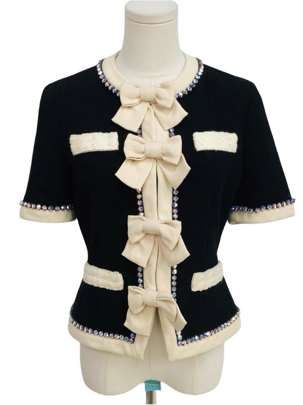 Gucci Black & Cream Bow-Front Short Sleeve Jacket